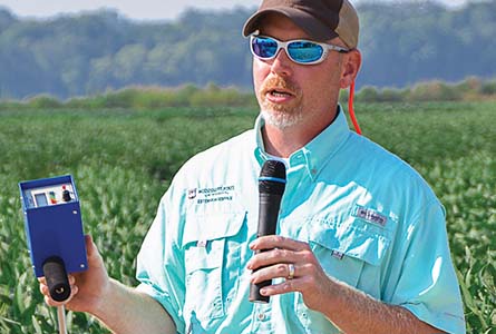 Jason Krutz, an irrigation specialist with Mississippi State University, holds a soil moisture sensor, an essential tool in helping producers irrigate with scientific accuracy. (Photo by Linda Breazeale)