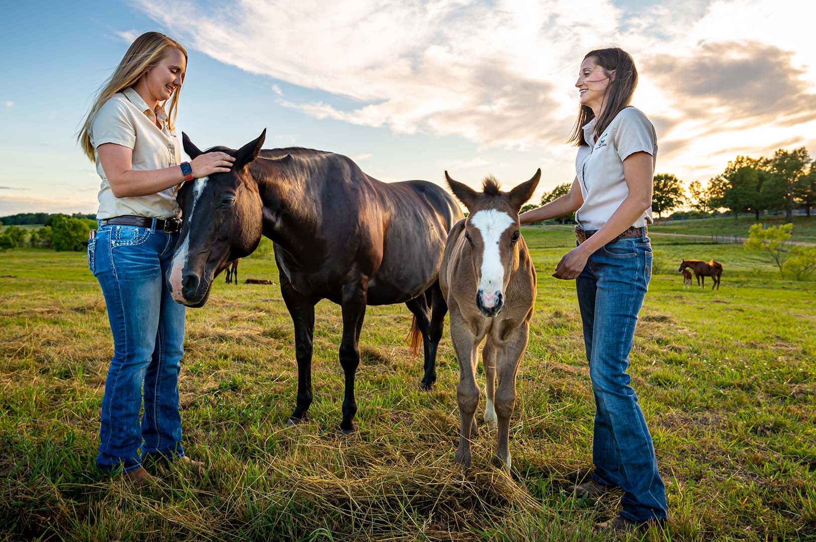 Hannah Valigura, left, agricultural technician, and Ashley Glenn, facilities supervisor, enjoy time in the field with horses at the Mississippi Agricultural and Forestry Experiment Station