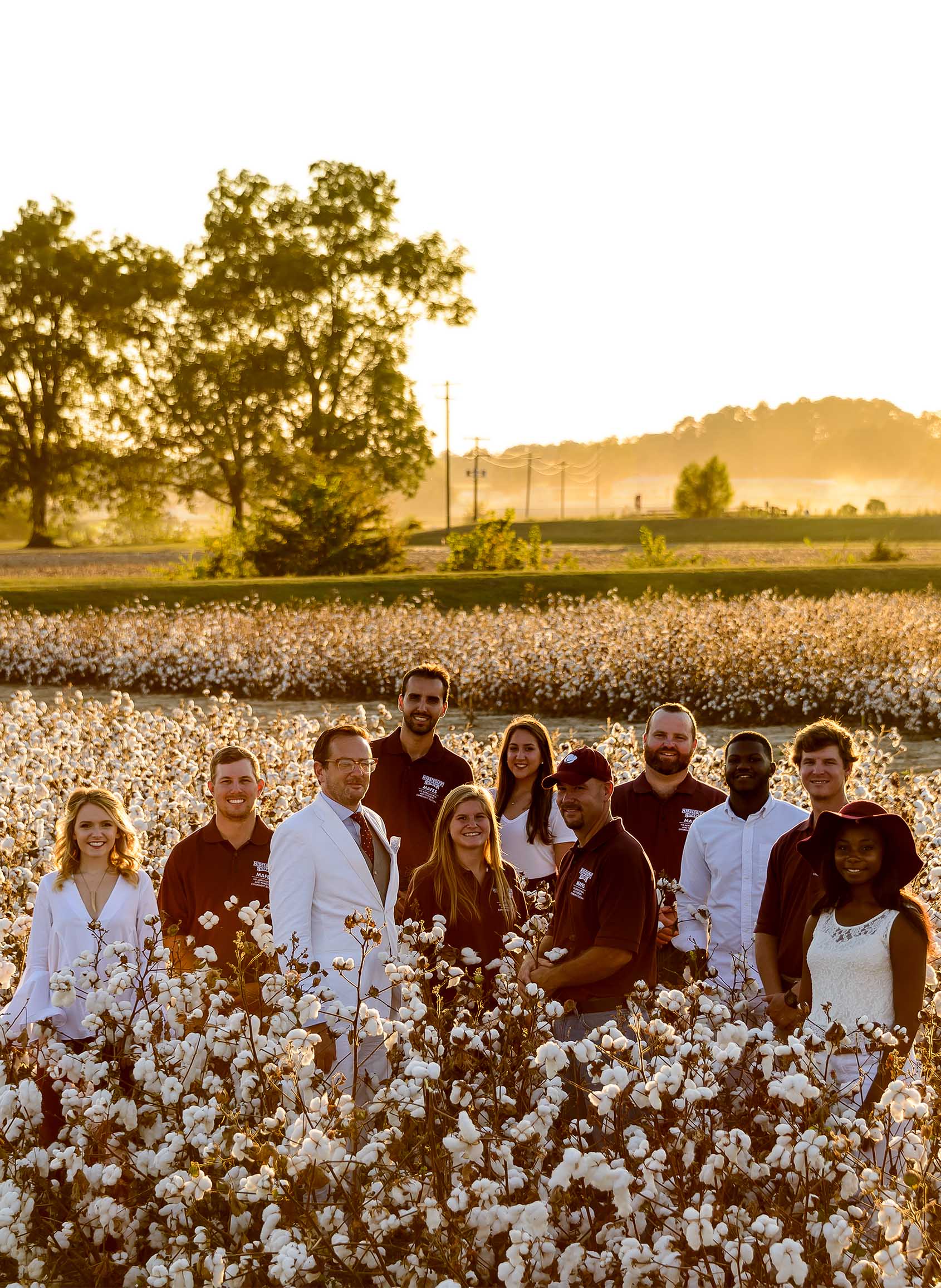 Cotton agronomists study all aspects of cotton production and fashion design and merchandising students study cotton as a textile. Pictured left to right: Jane Spivey Mortimer, Michael Plumblee, Dr. Charles Freeman, Lucas X. Franca, Savana Davis, Gabby Martinez, Dr. Darrin Dodds, Chase Samples, DeMarquis Weaver, Bradley Wilson, and Octavia Lewis.