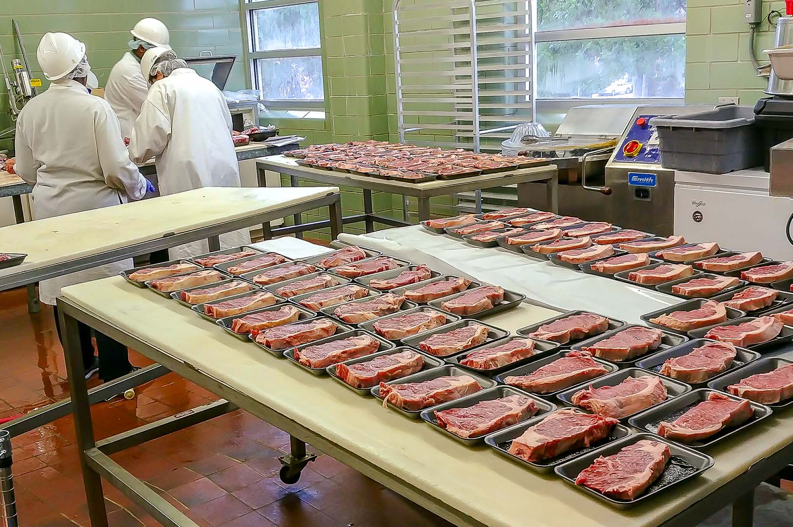 Scientists in the new MAFES Meat Science and Muscle Biology building put beef strip steaks on black Styrofoam trays. They will be overwrapped with PVC film and placed under simulated retail display conditions for seven days. (Photo submitted)