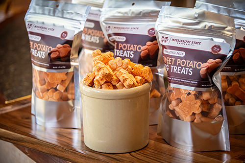 A package of MSU sweet potato dog treats