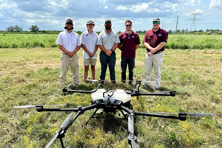 MSU Flight Training at Hylio, Inc. in Richmond, Texas this month. From left, Madison Dixon, the universitys AAI associate director; Watson Burch, AAI undergraduate research assistant; Will Rutland, extension associate II; Antonio Taveres, plant and soil sciences doctoral candidate and James Ikerd, AAI graduate research assistant. 